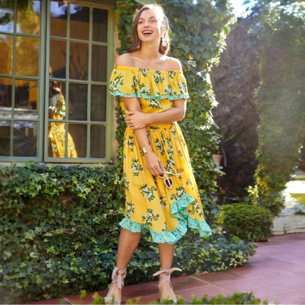 Matilda Jane Hooked On A Feeling Off The Shoulder Yellow Rayon Midi Dress Size S